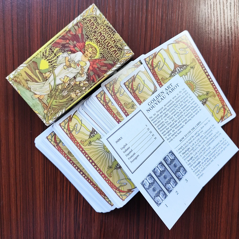 Large size sturdy deck Golden Art Nouveau Tarot Cards with Guide Book languages. English Spanish French Italian and Portuguese