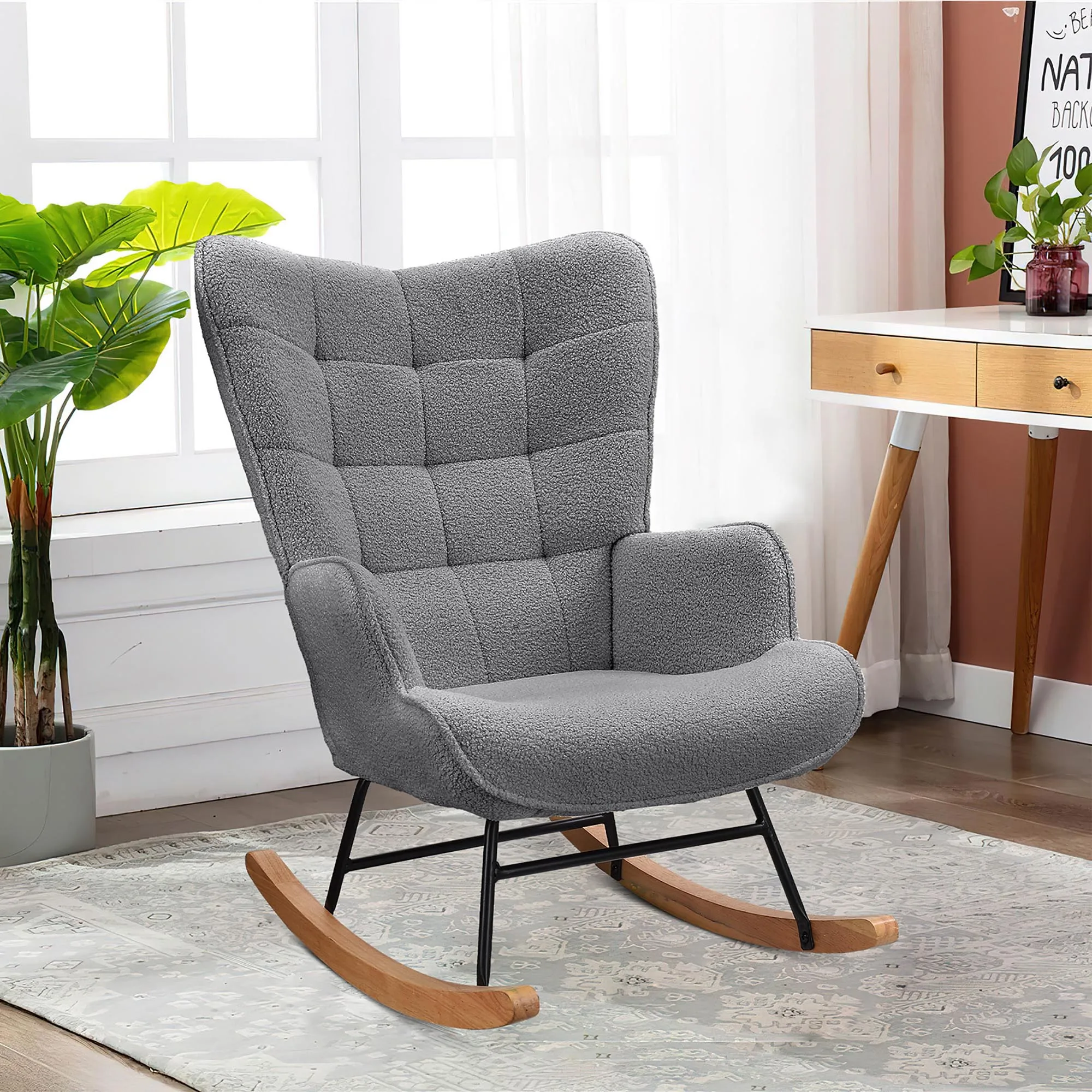 Dark Grey Rocking Relax Armchair, Teddy Velvet Fabric Upholstered Backrest Rocking Chair, Modern Living Room Bedroom Rest Chair