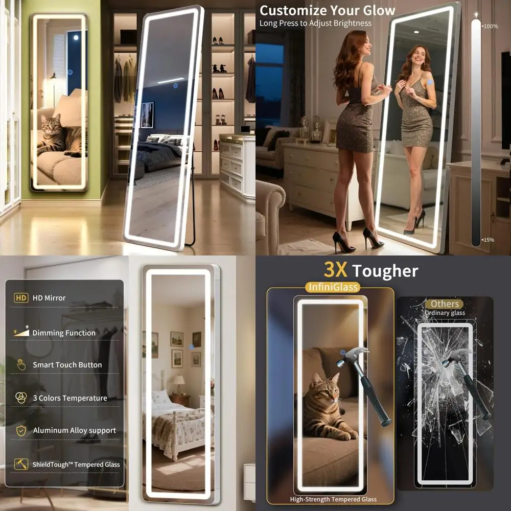LED-beleuchteter Ganzkörperspiegel mit Dimmung und 3 Farboptionen, hoher Ganzkörperspiegel für den Einsatz im Schlafzimmer