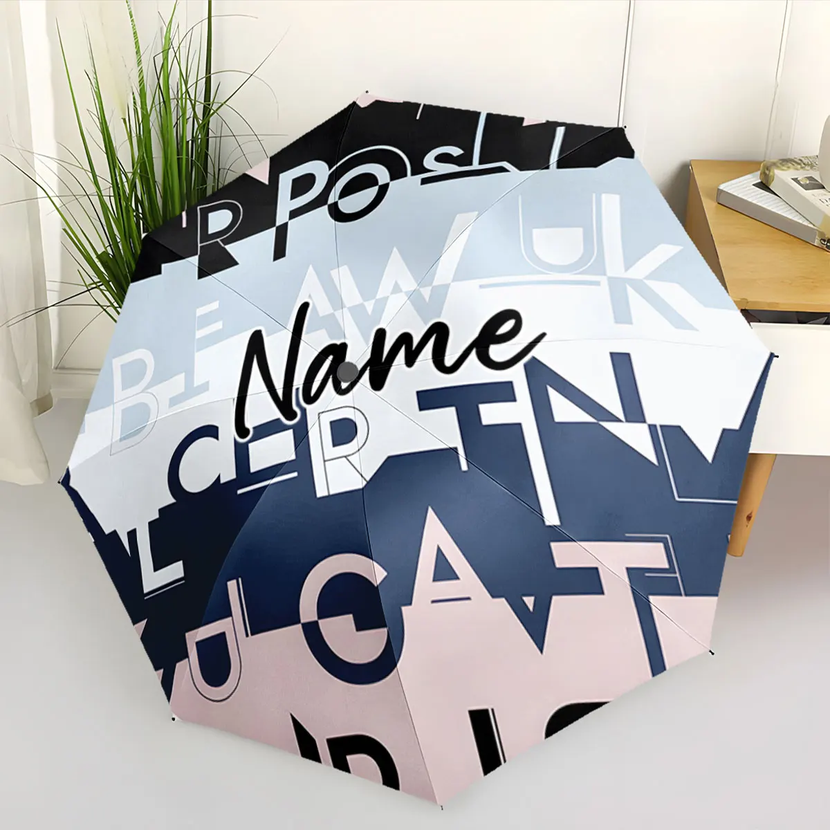 Custom Name Stylish Alphabet Printed Foldable Umbrella Print 8 Iron Ribs Folding Umbrella, Auto-Open Fashion Sunshade