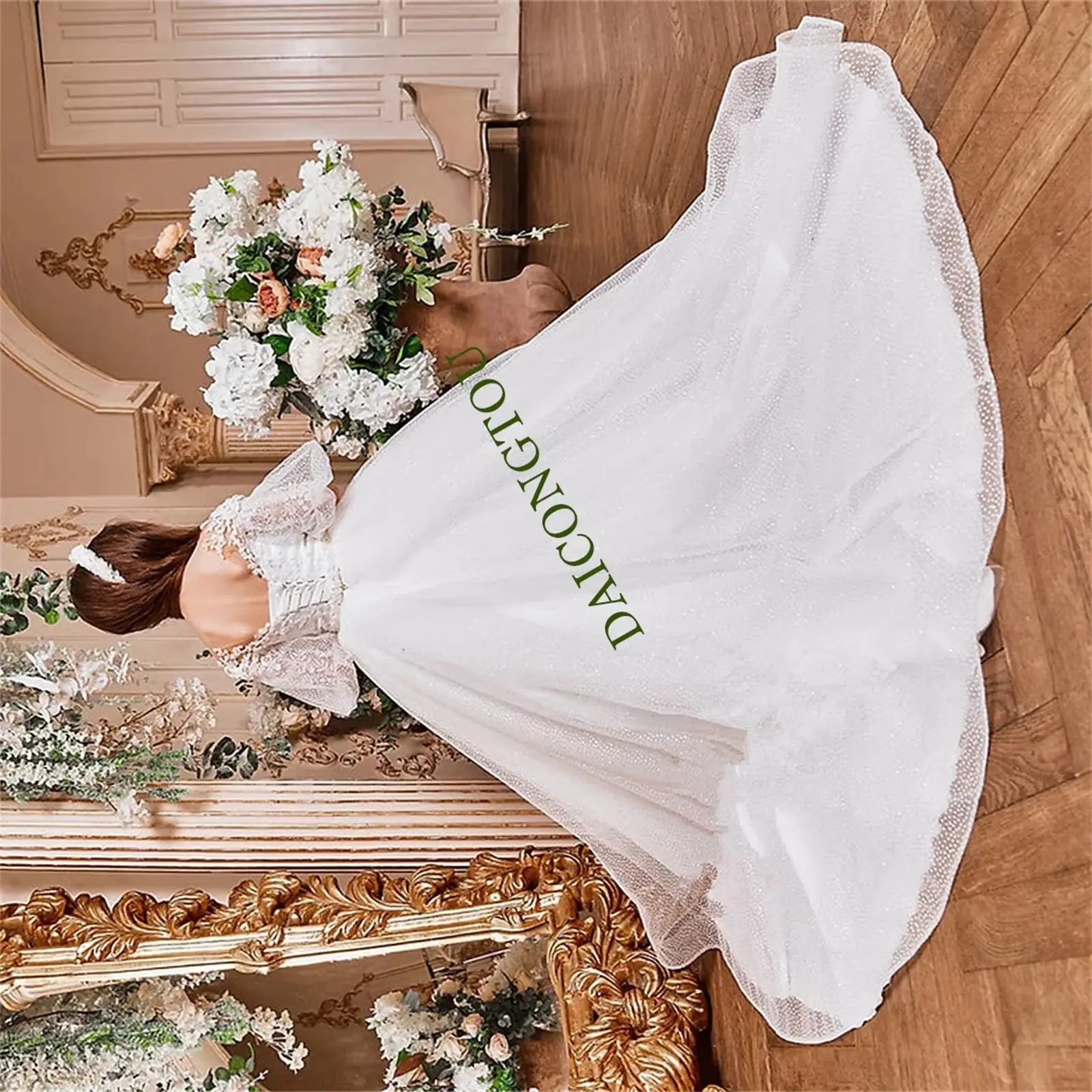 

CustomizedA+A+Half Sleeves Ivory Polka Dot Flower Girl Dresses V Neck For Wedding Guest Kids Bridesmaid With Belt Lace Appliques