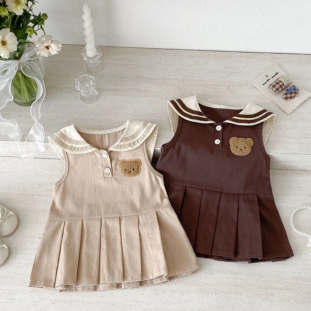 

Toddler Girls Preppy Bear Dress Summer Sleeveless Pleated A-Line Dress Baby Kids Cute Sailor Collar Uniform Style Vest Dress