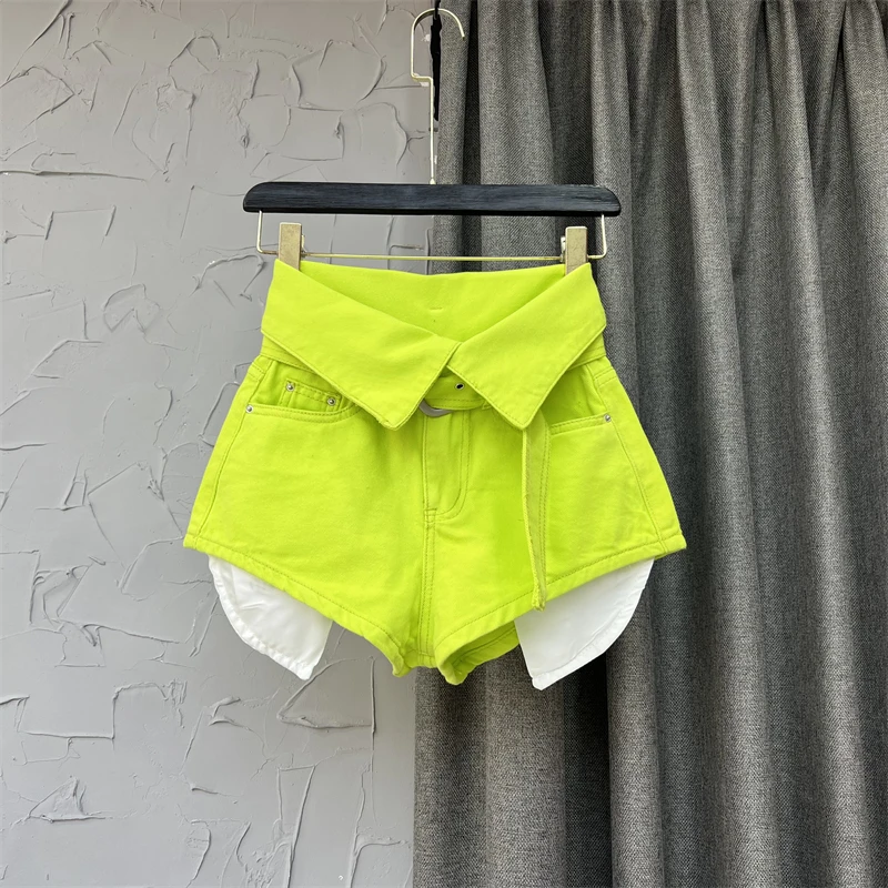 Fashion Style Design Sense Flanging High Waist Wide-Leg A-line Shorts Fluorescent Color Hot Girl Exposure Pocket Denim Hot Pants