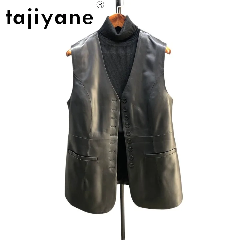 TAJIYANE Genuine Leather Jacket Women V-neck Vest Sheepskin Coat Mid-Length Sleeveless Jackets Vintage Black Leather Veste Femme