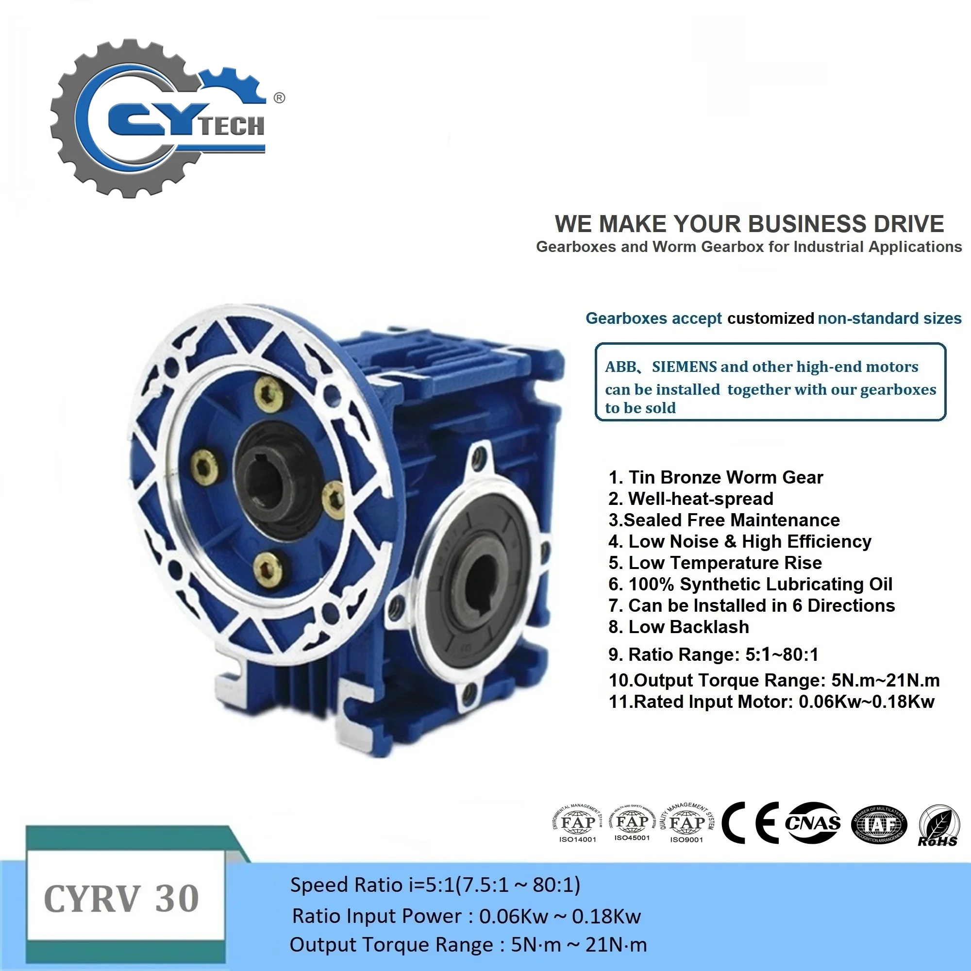 

CHENYUE Worm Gearbox Speed Reducer NMRV 30 CYRV30 Gearbox Input 9/11mm Output 14mm Ratio 5:1/80:1 Free Maintenance