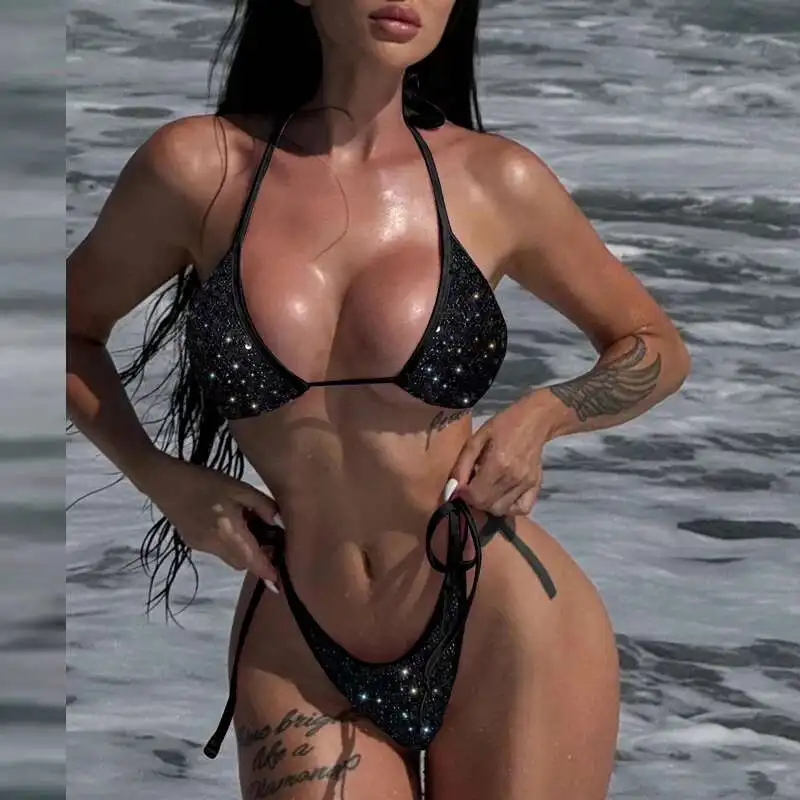 New Sequined Mesh Women's Bikini Two Piece Sets Vacation Lace Up Slim Fit Swimsuit Summer Sexy Hollowed Out Beach Swimwear