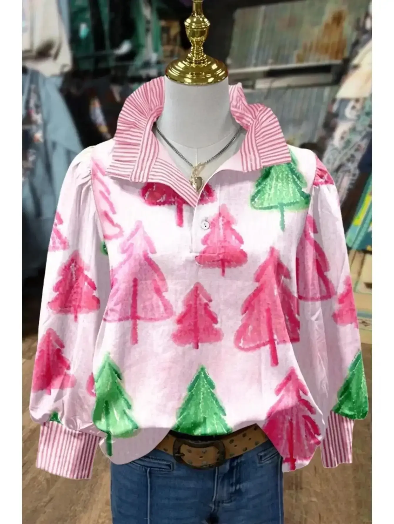 Spring and Autumn Winter Collection Women's Stand up Collar Long Sleeve Shirt,With collar and bohemian black lantern print