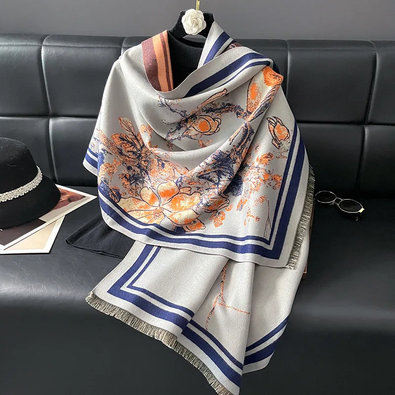 

Корейская версия осенне-зимнего шарфа-шали из искусственного кашемира с жаккардовым узором в виде цветов персика, комфортный, теплый, двусторонний, для офиса и поездок на работу.