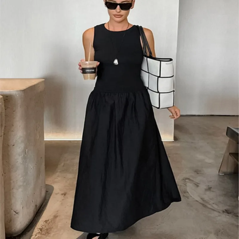 

Women Black Backless Sleeveless Dress Fashion Knitted Patchwork Solid Long Dress Elegant Round Neck Loose Hem Maxi Dresses Lady