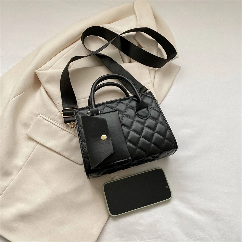 PU Solid Diamond Grid Handbag With Wide Shoulder Strap And Single Shoulder Crossbody Bag