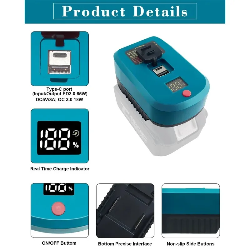 Makita 18V Cargador USB-C rápido con carga inversa para herramientas