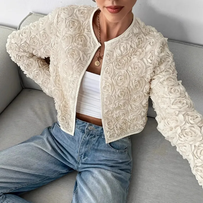 Fashion Solid Color Three-dimensional Flower Versatile Embroidered Flower Jacket Cardigan Short Top