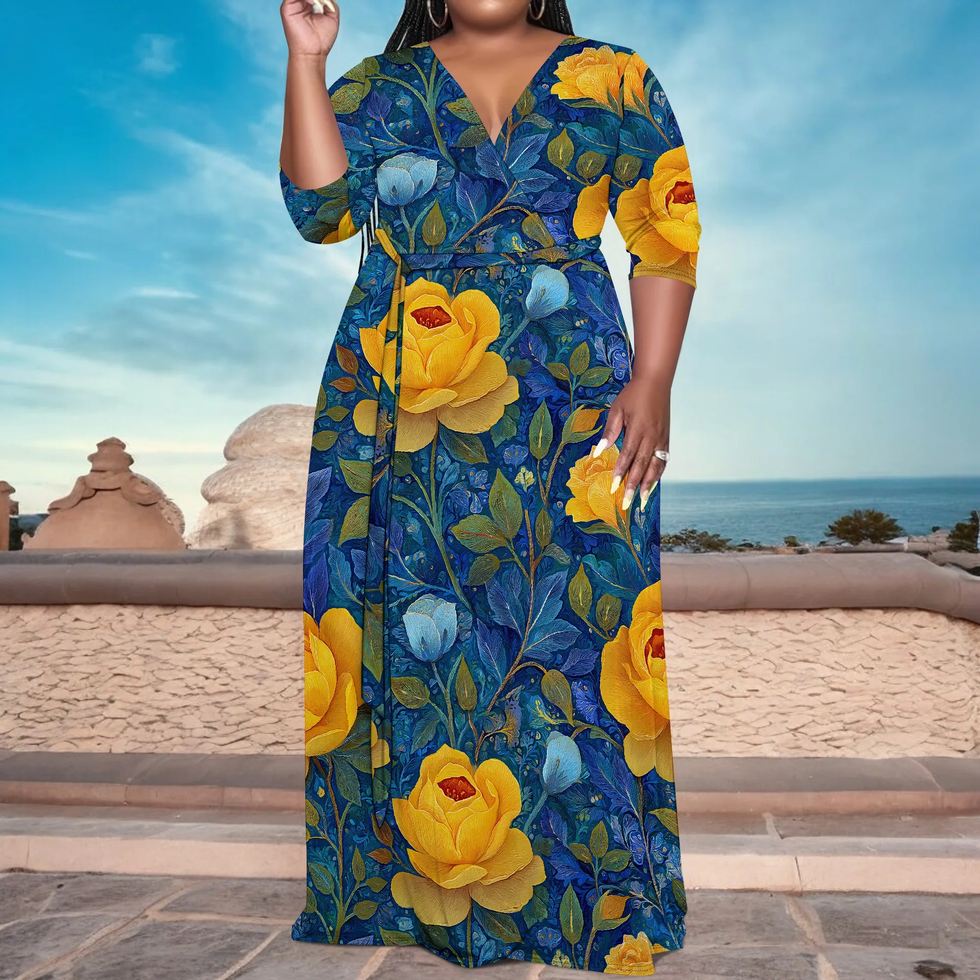Vestido maxi plus size com estampa de rosa amarela elegante verão estilo boho roupa de festa