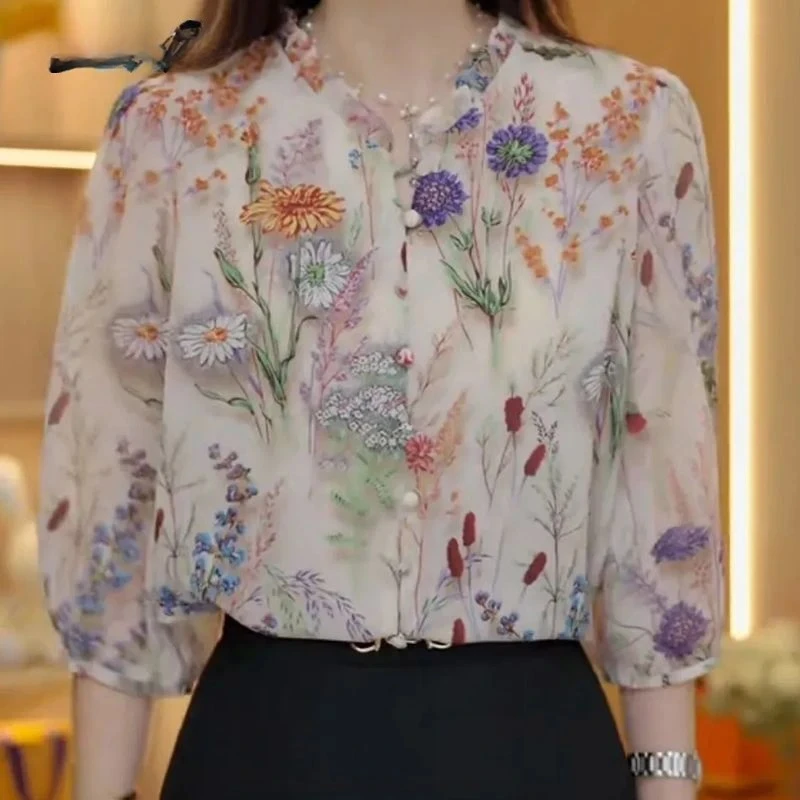 

Women Vintage Fashion Floral Print Blouse Elegant Ruffle 3/4 Sleeve Loose Shirt Casual Sweet Chic Tops Summer ZT407