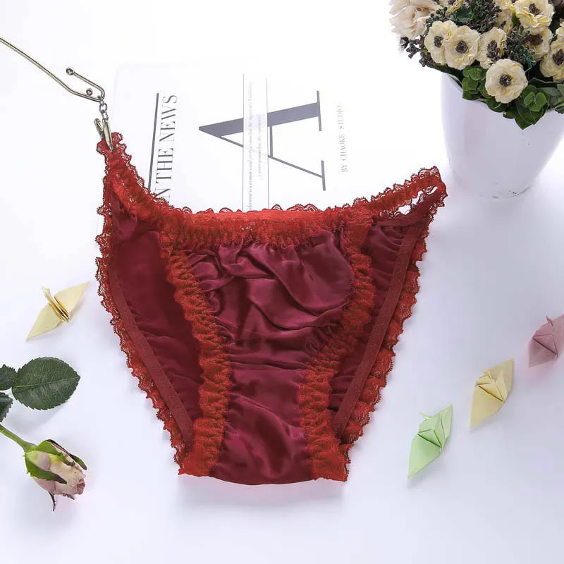 Celana Dalam Wanita Lingerie Pantys Warna Solid Pinggang Rendah 100% Celana Dalam Seksi Berenda Sutra Celana Dalam Seksi Elastis Sejuk untuk Wanita