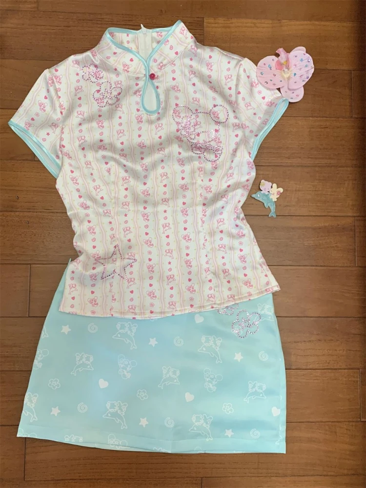 

Aesthetic Vintage Elegant 2 Piece Sets Women Y2k Print Design Tops + Slim Mini Skirt Female Fashion Retro Summer Outfits 2025