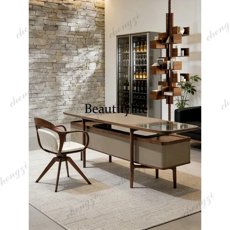 A4567 Italian high-end modern black ash wood color leather solid wood leisure chair Nordic revolving book chair