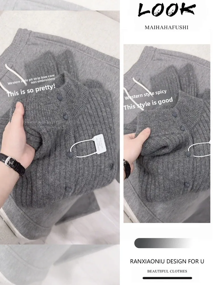 

Casual Embroidered Long Sve High Collar Women's Set Spring Love Button Knitted Sweater Cardigan Outerwear Faion Set