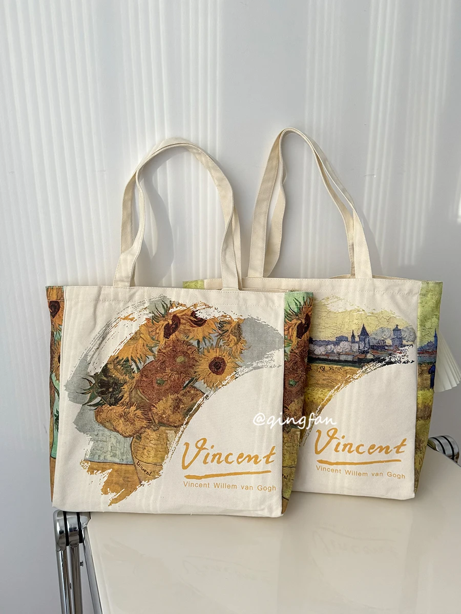

Van Gogh sunflower oil painting canvas bag to work commuter schoolbag portable shoulder bag advertising bag