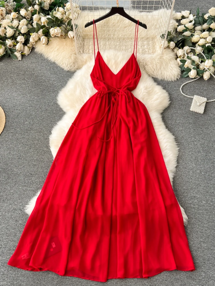 open lace back dress Elie Saab Chiffon Halter Maxi Dress Red