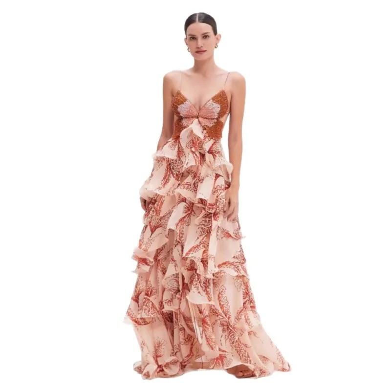 Sexy Butterfly Print Ruffle Pleated Dresses Summer Fashion V Neck Spaghetti Strap Lace-up Sleeveless Backless Party Long Dress