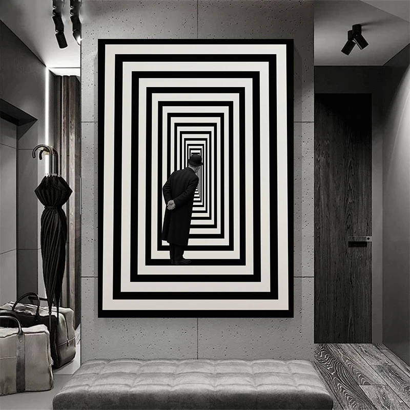 Surreal Trippy Black and White Tunnel Poster Surrealist Trippy Man in Hat Canvas Painting Print Modern Room Office Decor