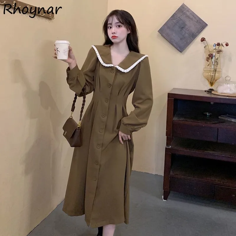 

Платье с воротником Питер Пэн, женские платья со складками, базовые, милые, популярные, элегантные, в современном Корейском стиле, универсальные, для студентов, для отдыха