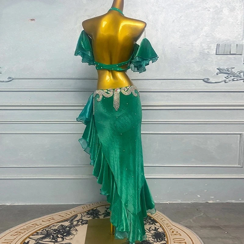 Women, Adults, And Children, High-End Green Diagonal Lace Skirt, Samba Performance High Flash Dress Belly Dance Costume