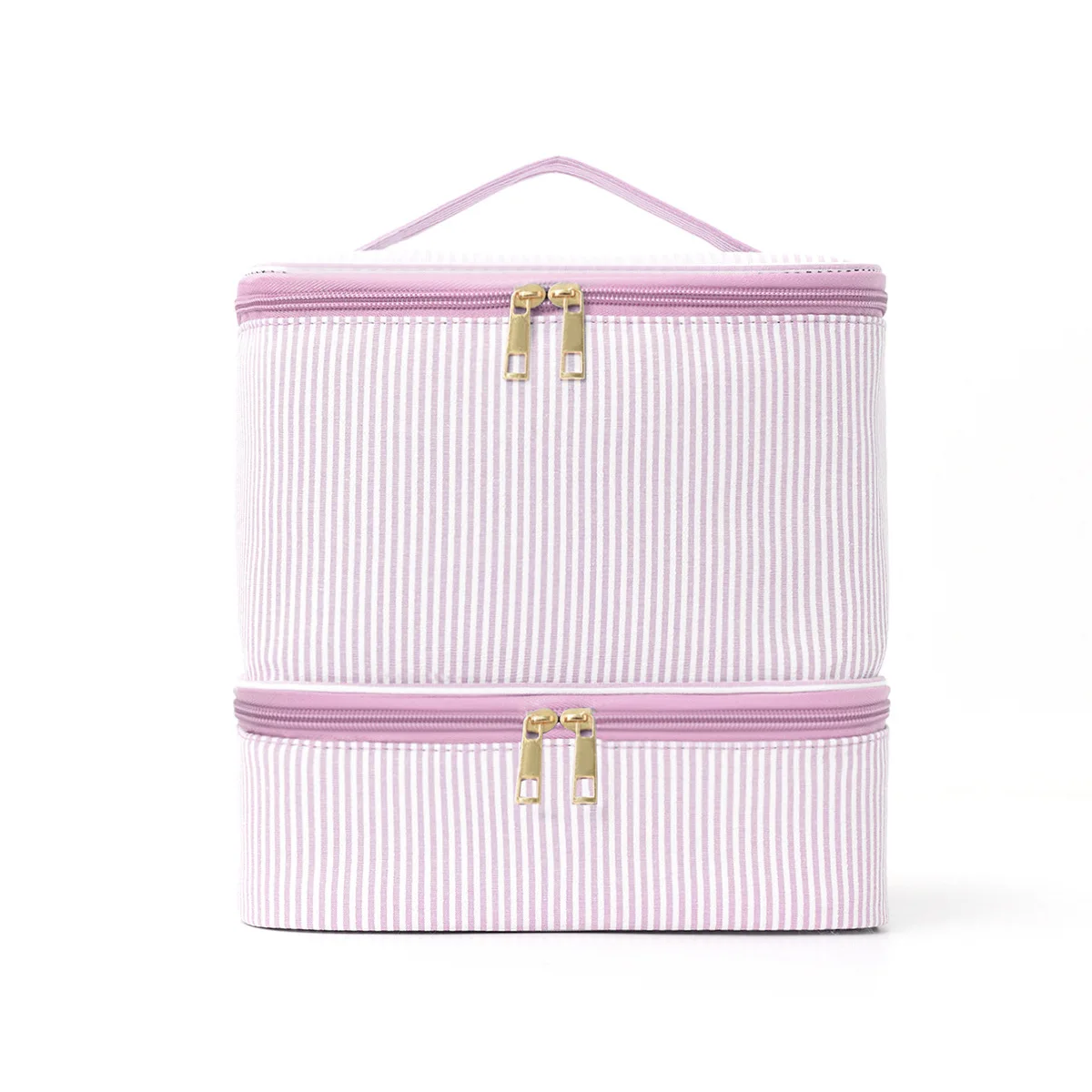 Korean Fashion Makeup Bag Trend Vertical Stripe 2-tier Cosmetic Bag Large Nail Polish Storage Pouch Portable Travel Toiletry Bag