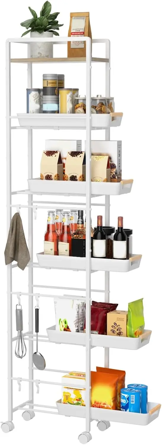 

6-Tier Slim Rolling Cart with Pull-Out Baskets, Wood Top, and Wheels for Kitchen, Bathroom, or Laundry Storage in White