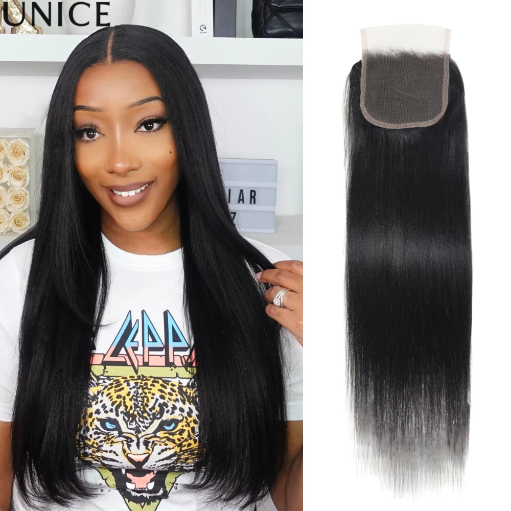

UNICE Hair Yaki Прямые человеческие волосы 4x4 Кружевная застежка Только 1 шт. Бесплатная часть кружевной застежки