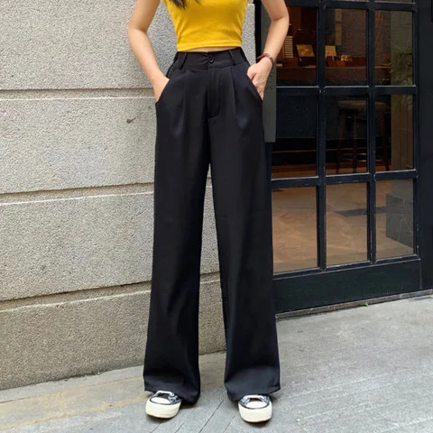 Women Fashion Suit Pants Lady Breathable Baggy High Waist Wide Leg Summer Trousers Lady Straight Leg Black Coffee Classic Pants