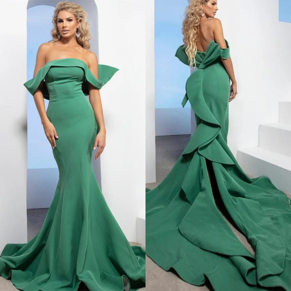 

Customized Modern Green Jersey Evening Dress Delicate Strapless Off the Shoulder Sleeveless Mermaid Special Occasion Gowns