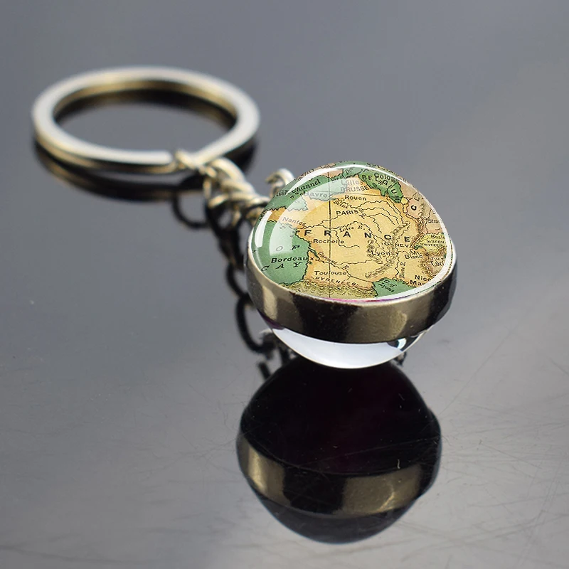 European Countries Map Keychain France Spain Poland Germany Poland Italy Vintage Map Glass Ball Key Chain Ring Travel Gift