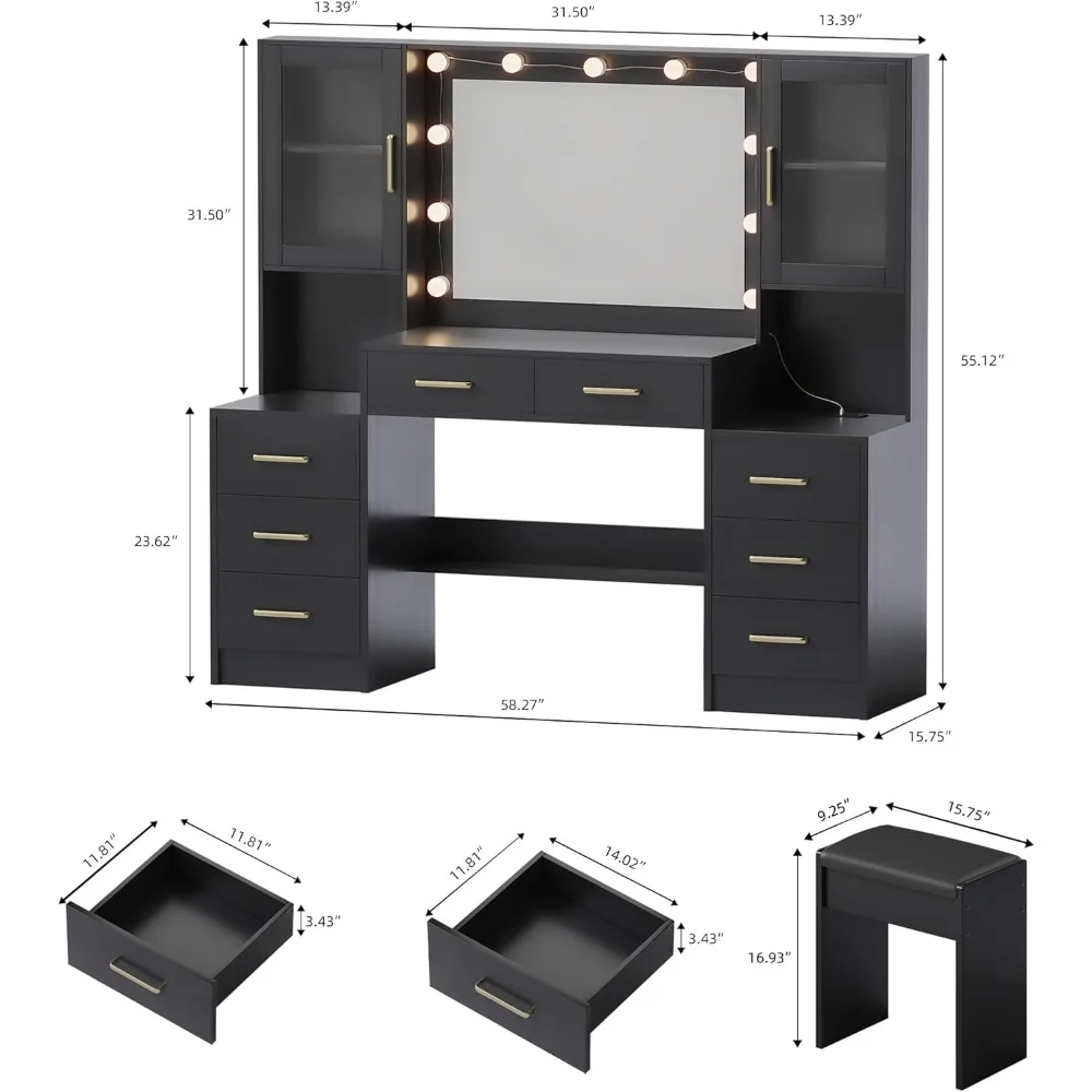 Mesa de vaidade de maquiagem com espelho e luzes, vaidade de maquiagem de 58,3" com luzes e estação de carregamento, penteadeira conjunto de vaidade branco V