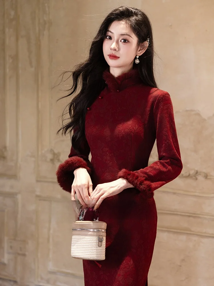 

Red Young Sle Thiened Floing Qipao Winter Wedding Dr Vintage Sle Long Sve Mid-Length Pure Color Warmth for New ...