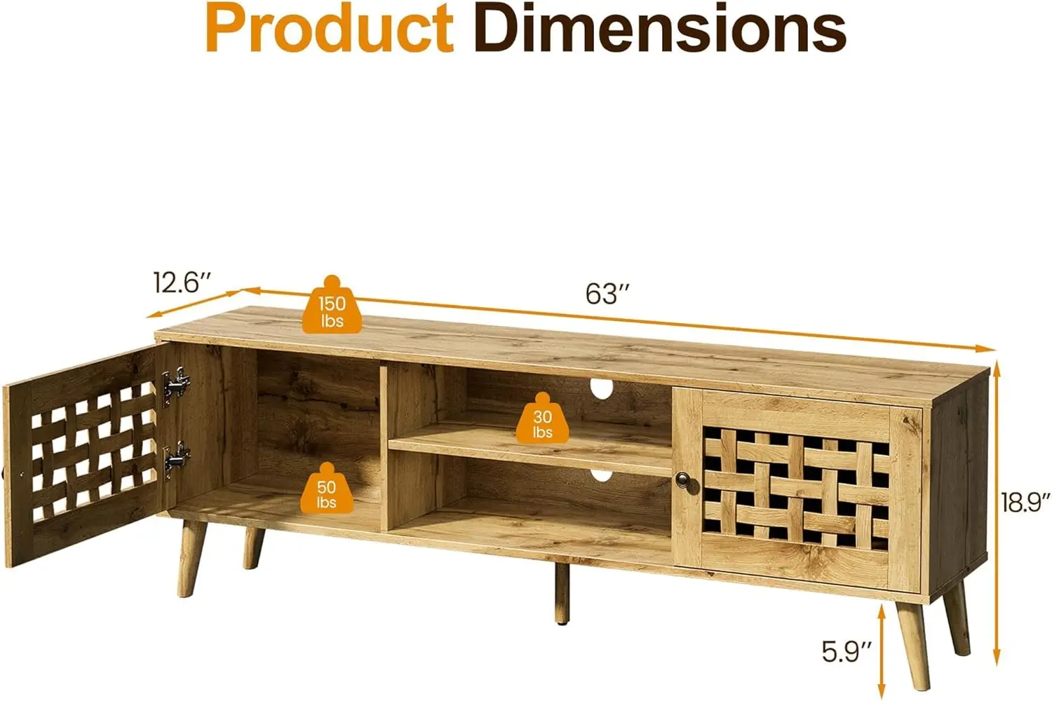 63'' TV Stand with Storage,Wood TV Entertainment Center for 65 inch TV,Mid Century Modern Entertainment Center,for Living Room