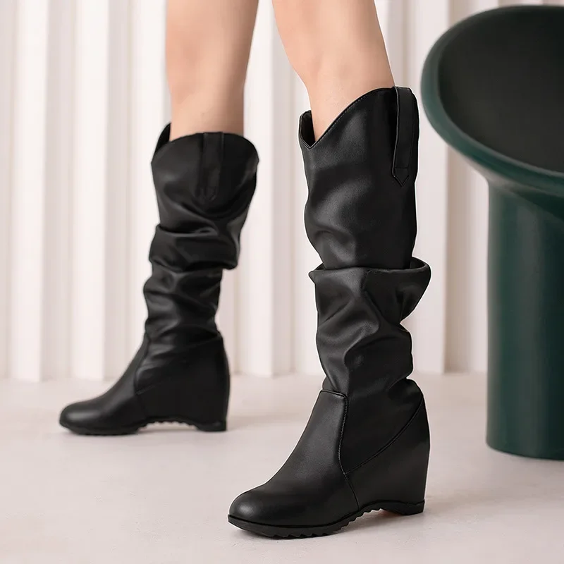 

2025 Free Shipping Leisure V-shape Opening Mid-calf Boots Ladies Wedge Height Increasing High Heels White Black Shoes Size 43