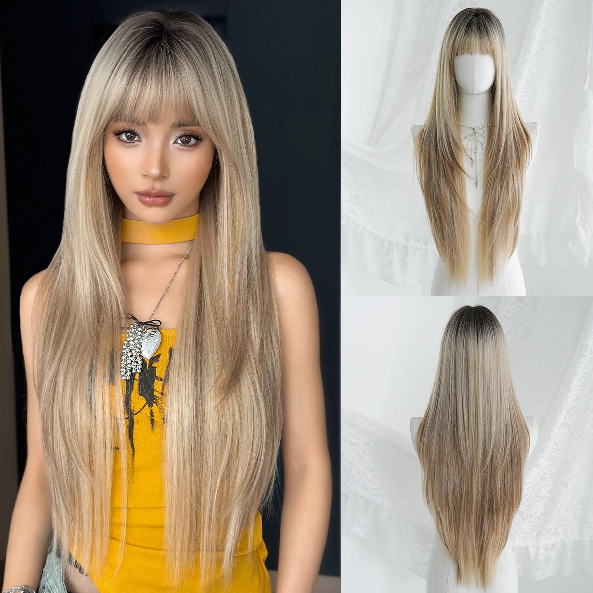Lange, gerade, geschichtete goldbraune Perücke für Damen, synthetische, hitzebeständige, modische Wear-and-Go-Perücken mit ordentlichem Pony