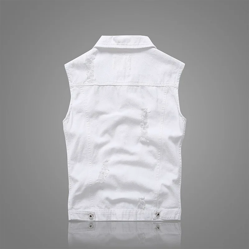 2025 New White Lapel Distressed Denim Vest Men Sleeveless Slim Gold Buttons Patch Pocket Trendy Waistcoat
