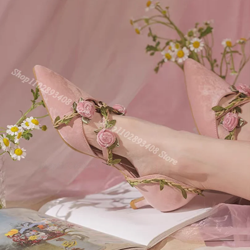 Pink Flock Flower Decor Pumps Pointed Toe Shallow Spring Low Heels Elegant Fashion Party Women Shoes 2024 Zapatos Para Mujere