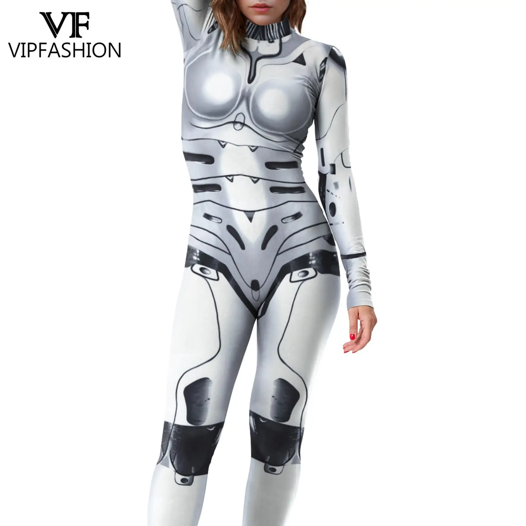 VIP FASHION White Punk Women Jumpsuit Robot Cosplay Costume Carnival Halloween Bodysuit Lady Sexy Zentai Suit Show Party Clothes