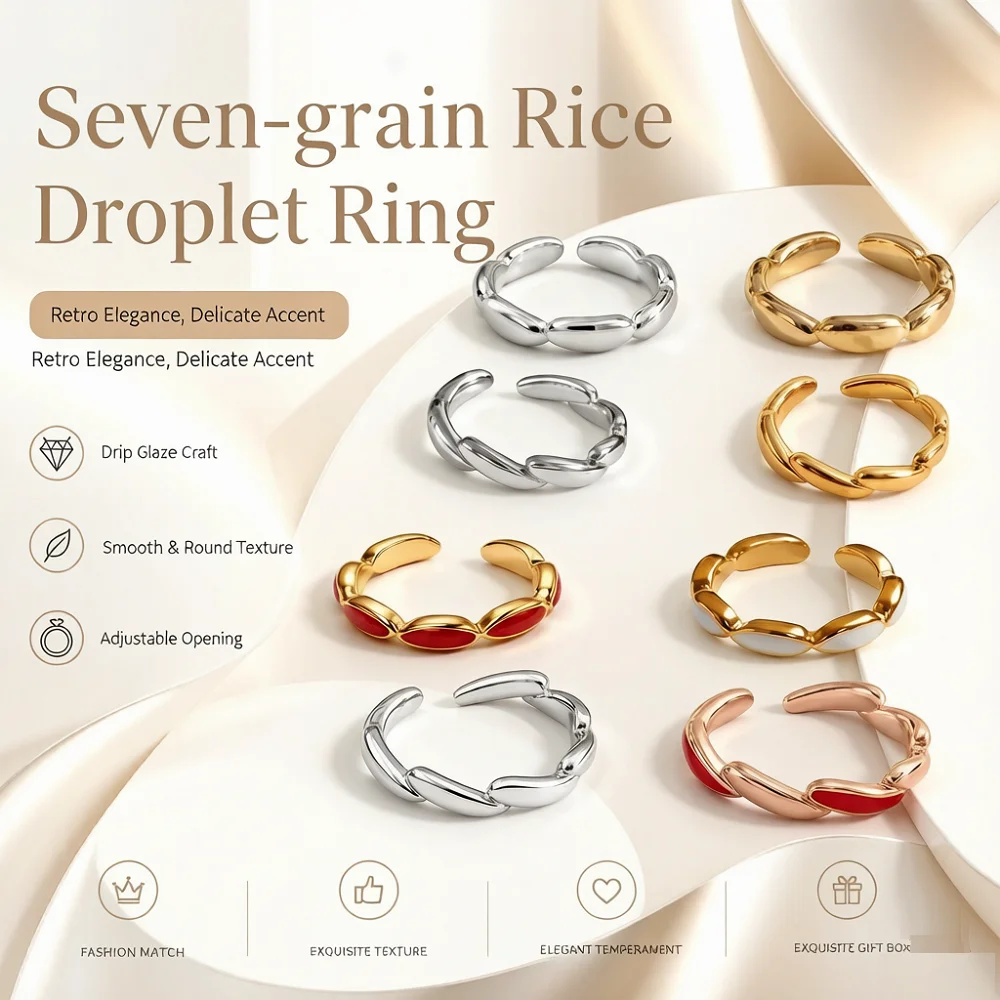 Fashion 7 Grain Rice Design Ring Women Gold Silver Rose Gold Open Adjustable Minimalist Stackable Chic Accessories Jewelry