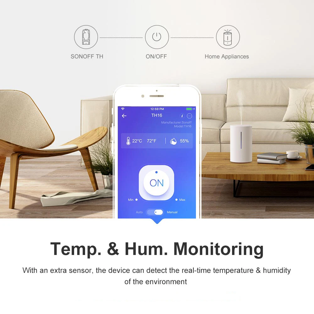 WIFI Temperature Humidity Controller Sensor,Ewelink Remote 16A TH16 Smart Switch  Energy Consumption Monitor For Alexa Google