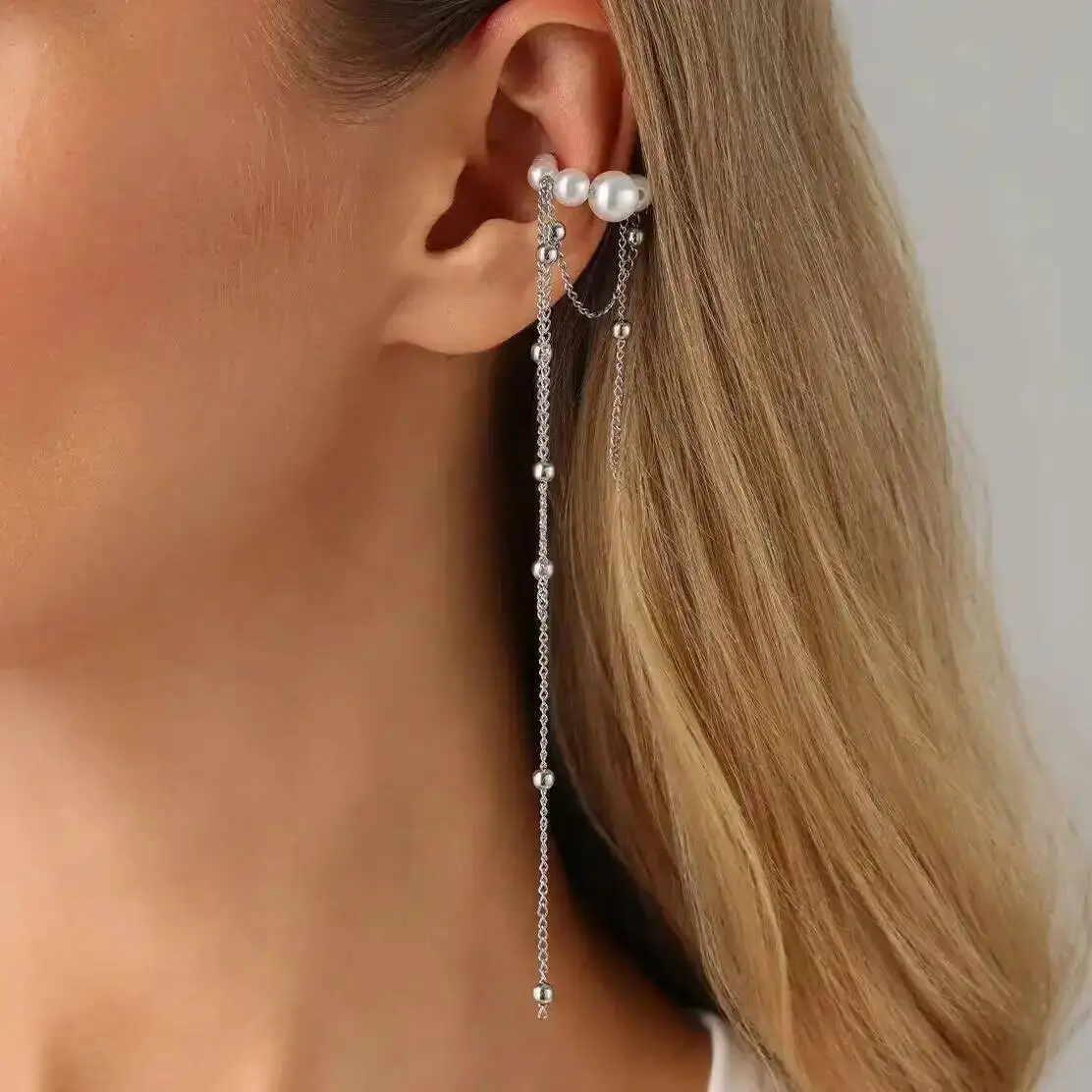 SHIXIN 1 PC Elegant Long Imitation Pearl Tassel Ear Cuff Clip Hole C Shape Ear Women Cartilage Kpop Chain Clip Earrings Jewelry