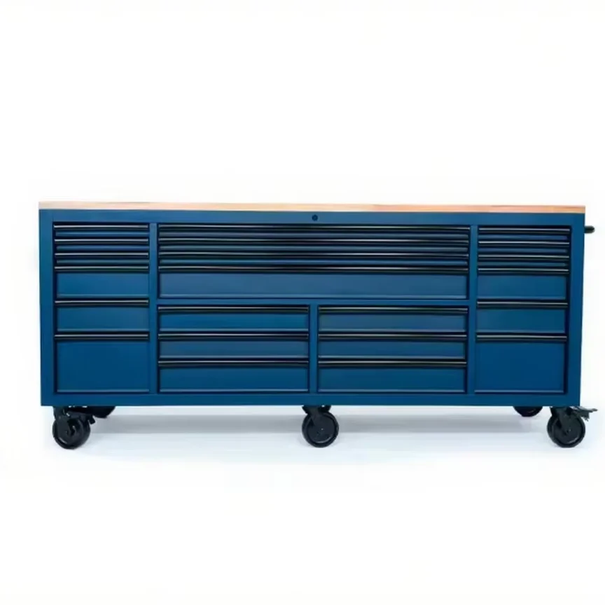 

Heavy Duty 84 INCH 22-Drawer Mobile Rolling Tool Cabinet with Solid Wood Top Blue