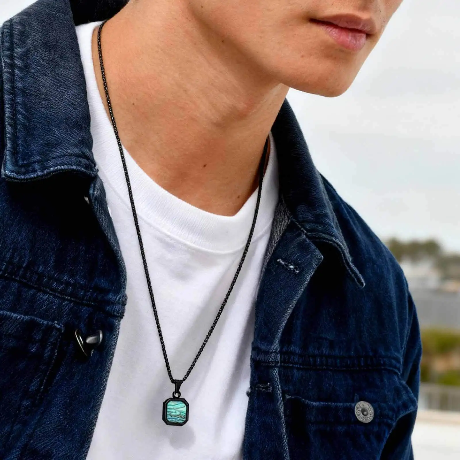 Trendige Herren-Halskette, quadratische Abalone-Muschel-Edelstahl-Halskette, Geburtstagsfeier, Vater-Schmuck, Geschenk – Detail 2