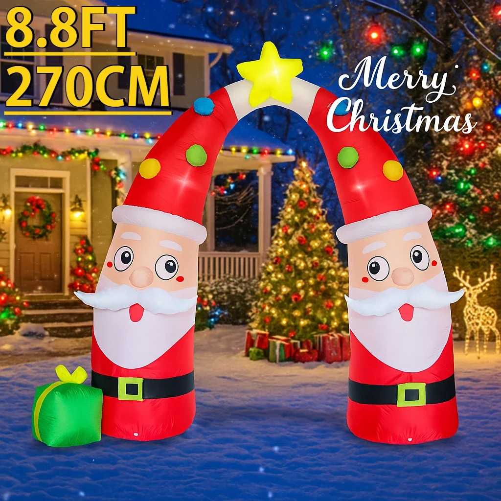 8.8FT Inflatable Christmas Toy Santa Archway Decoration Xmas Yard Decor LED Star Boxes Double Santa Design Yard Decorations