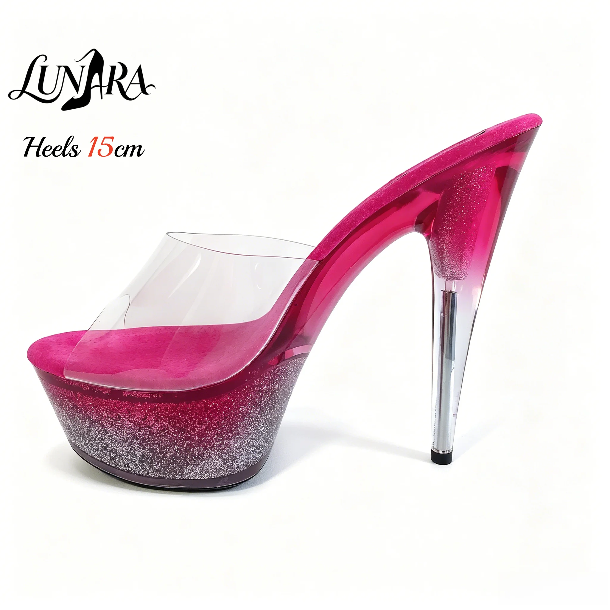 Ladies 15cm/6Inch Hot pink Clear Slip On Backless Mules Platform Stiletto Glitter Exotic Stripper shoe Pole dance Nightclub Rave