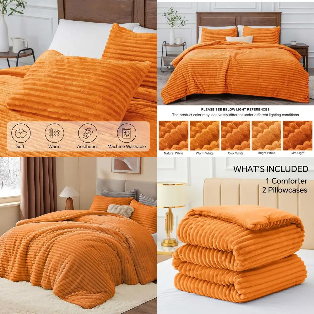 طقم سرير برتقالي محروق ودافئ فائق النعومة، لحاف شتوي ثقيل من القطيفة الفاخرة مع كيس وسادتين